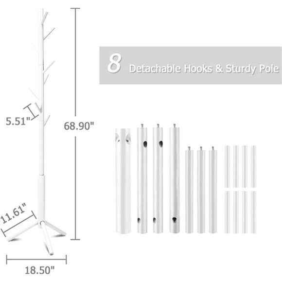 Coat Rack Freestanding with 8 Hooks 3 Adjustable Height Coat Racks Stand, White - Picture 2 of 6